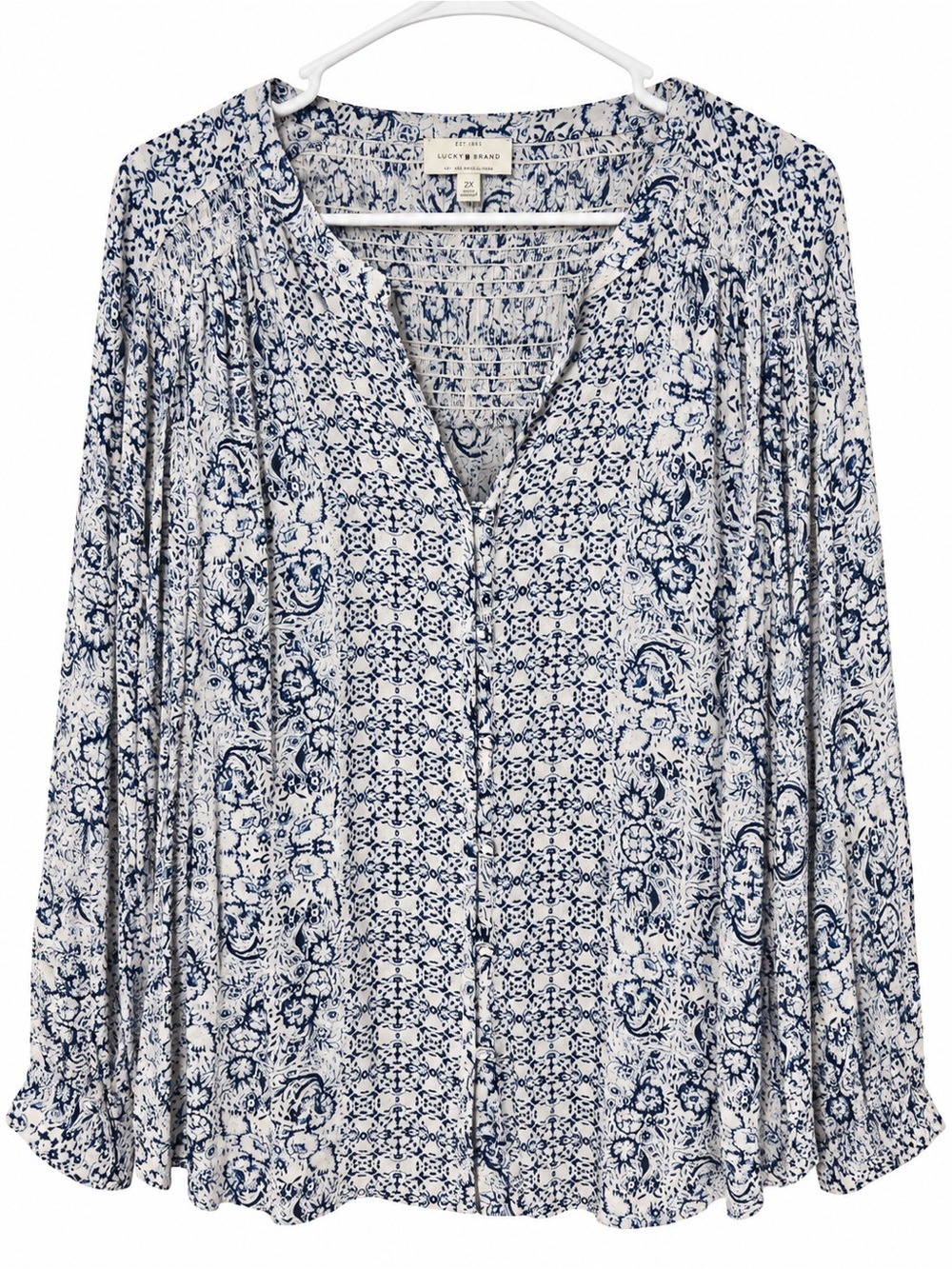 Lucky Brand Navy and White Printed Peasant Blouse